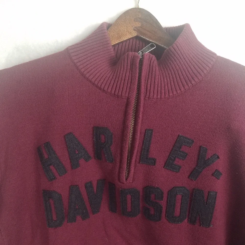 Harley Davidson Quarter Zip Sweater Mens XL Burgundy Excellent Cotton Wool Logo
